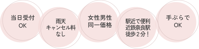 当日受付ＯＫ・雨天キャンセル料なし・女性男性同一価格・近鉄奈良駅徒歩2分・手ぶらでＯＫ